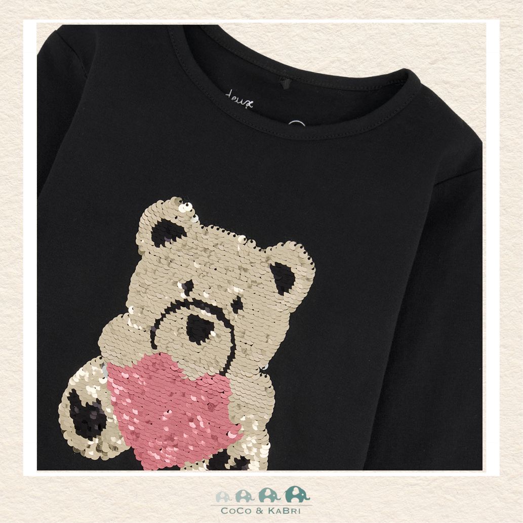 🇨🇦 Deux Par Deux Organic Jersey T-Shirt - Sequin Teddy Bear with Heart, CoCo & KaBri Children's Boutique