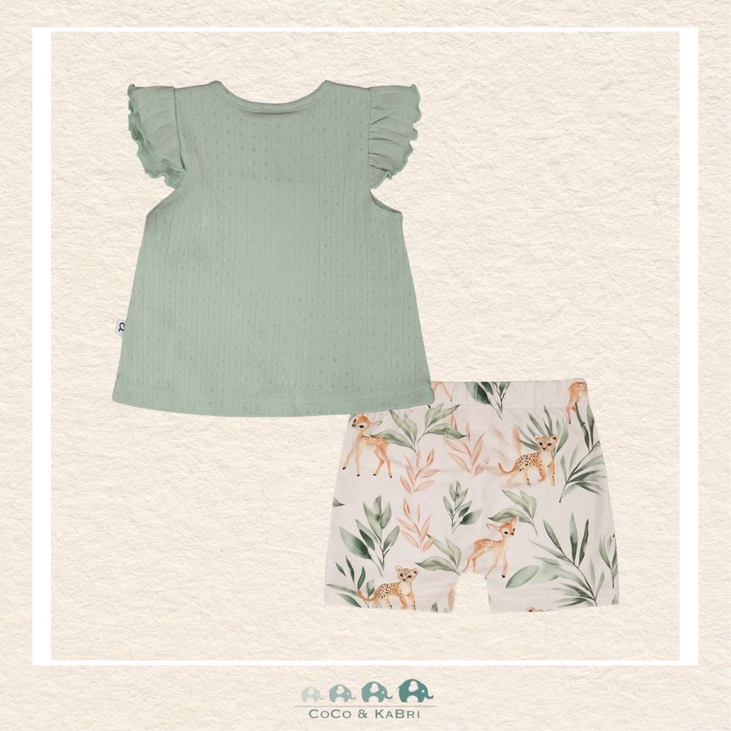 🇨🇦 Deux Par Deux: Pointelle Top and Organic Cotton Jersey Short Set Green and Peach Deer Print, CoCo & KaBri Children's Boutique