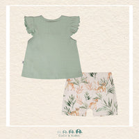 🇨🇦 Deux Par Deux: Pointelle Top and Organic Cotton Jersey Short Set Green and Peach Deer Print, CoCo & KaBri Children's Boutique