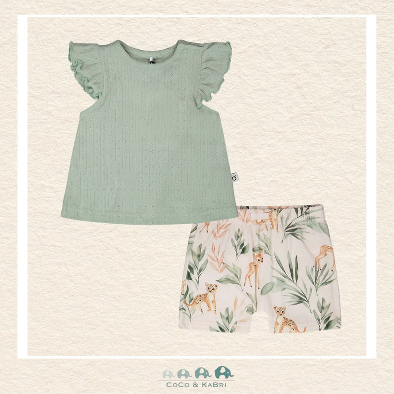 🇨🇦 Deux Par Deux: Pointelle Top and Organic Cotton Jersey Short Set Green and Peach Deer Print, CoCo & KaBri Children's Boutique