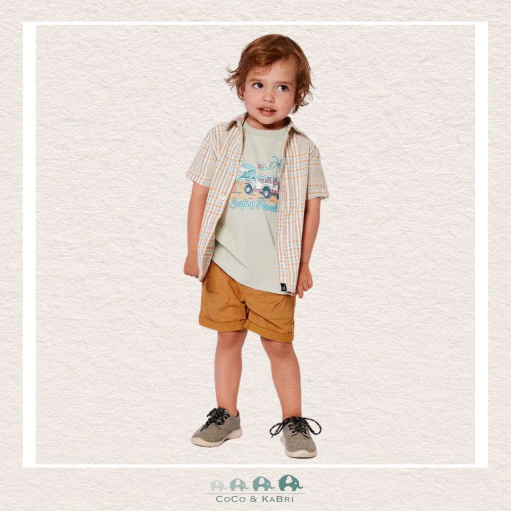 🇨🇦 Deux Par Deux Short Sleeve Shirt Plaid Sand And Blue, CoCo & KaBri Children's Boutique