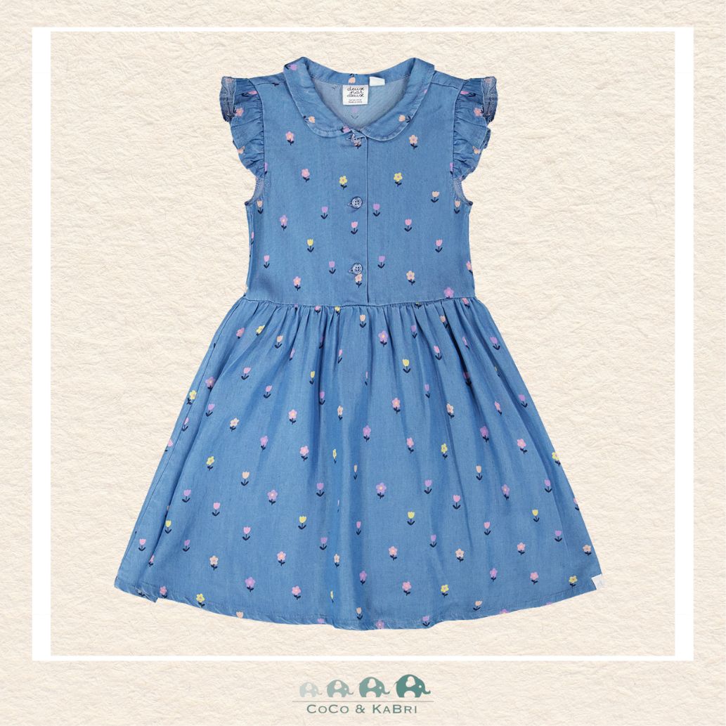 🇨🇦 Deux Par Deux: Sleeveless Button Down Dress Blue Flower Print, Front view of Dress, CoCo & KaBri Children's Boutique, Canada