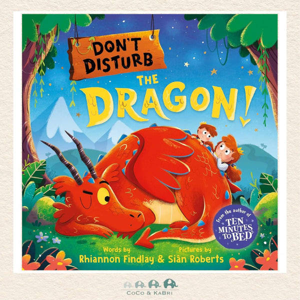 Don't Disturb the Dragon! picture book cover featuring two small heroes tiptoeing past a sleeping dragon in a whimsical fantasy forest