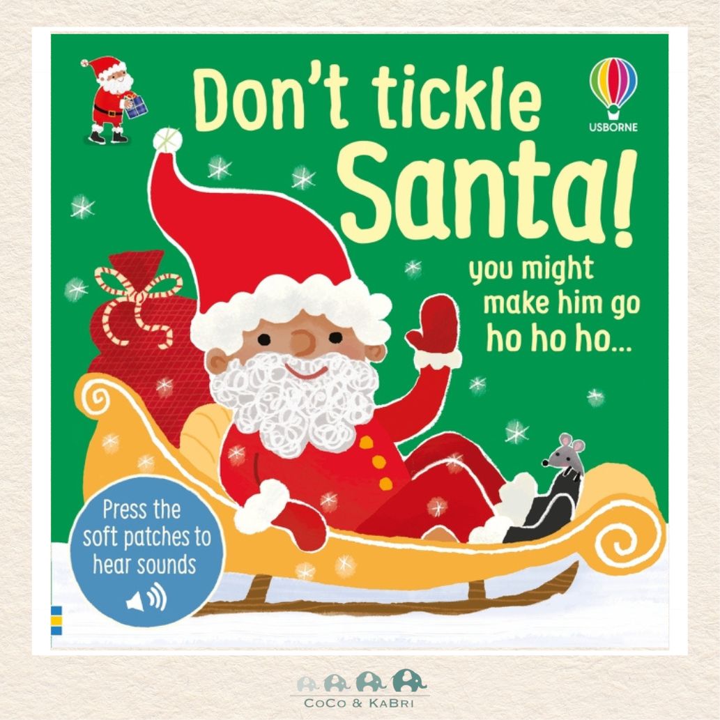 Book cover of 'Don't Tickle Santa!' with a cartoon Santa Claus on a green background.