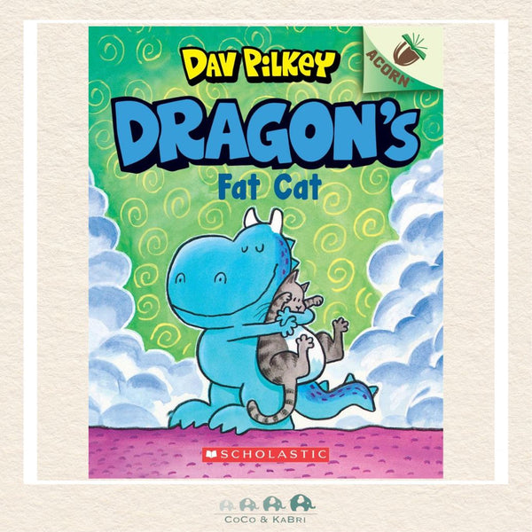 Dragon's Fat Cat Acorn Book cover by Dav Pilkey featuring Dragon the blue dragon hugging a large, round cat