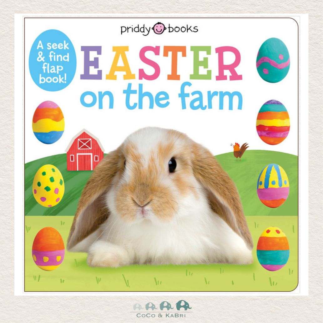 Easter on the Farm board book cover featuring bright farmyard scenes, a cute bunny, and hidden eggs under flaps