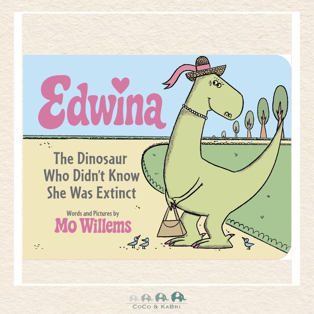 Edwina, The Dinosaur Who Didn't Know She Was Extinct board book by Mo Willems featuring a friendly green dinosaur carrying a purse