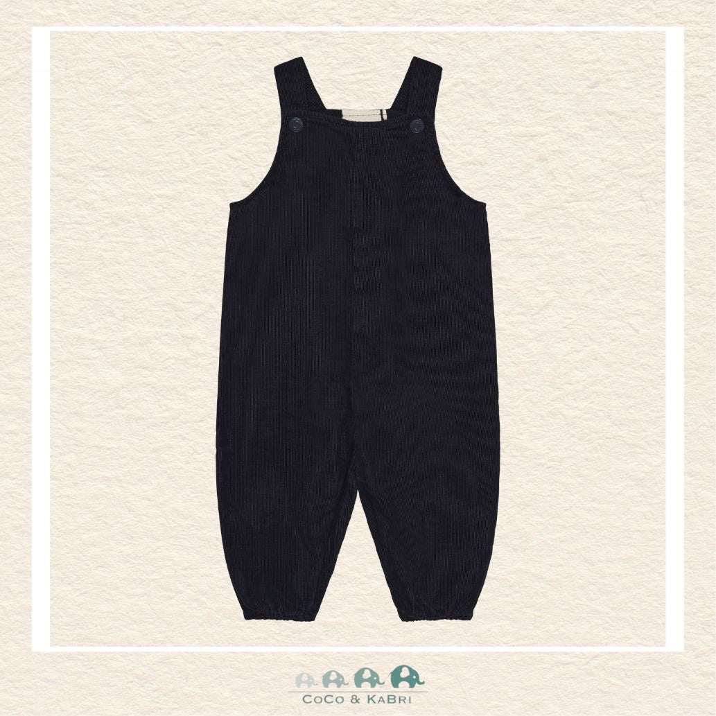 Front view of the En Fant Baby Boy Corduroy Overalls in Parisian Night navy featuring adjustable shoulder straps and a classic front bib pocket