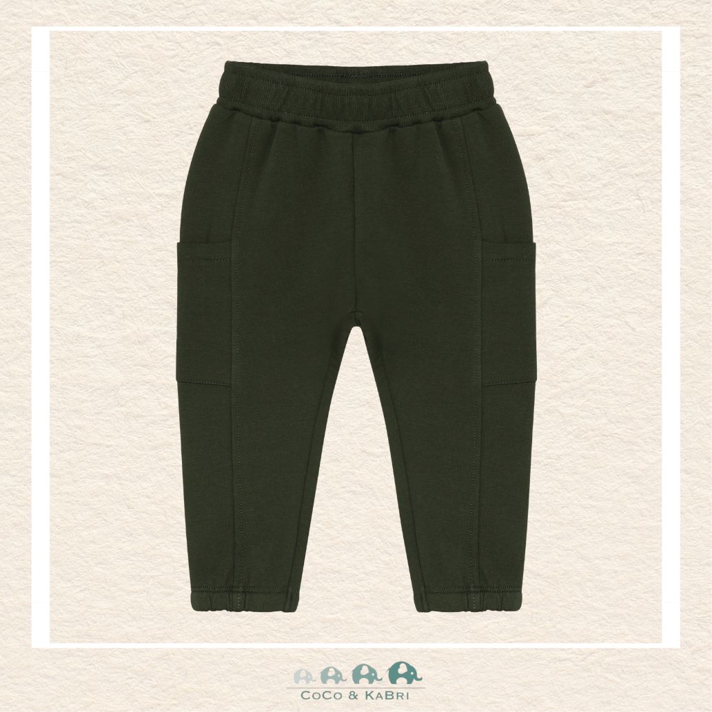 Front view of the En Fant Baby Boy Sweatpants in Kombu Green featuring a comfortable elasticated waistband and a soft, premium cotton-elastane finish