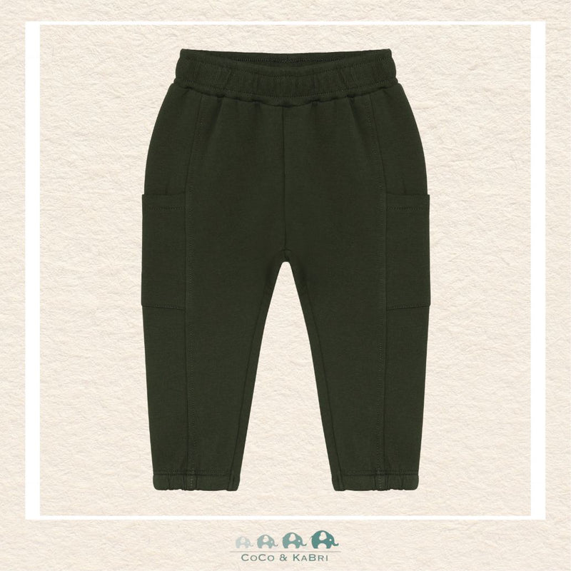 Front view of the En Fant Baby Boy Sweatpants in Kombu Green featuring a comfortable elasticated waistband and a soft, premium cotton-elastane finish
