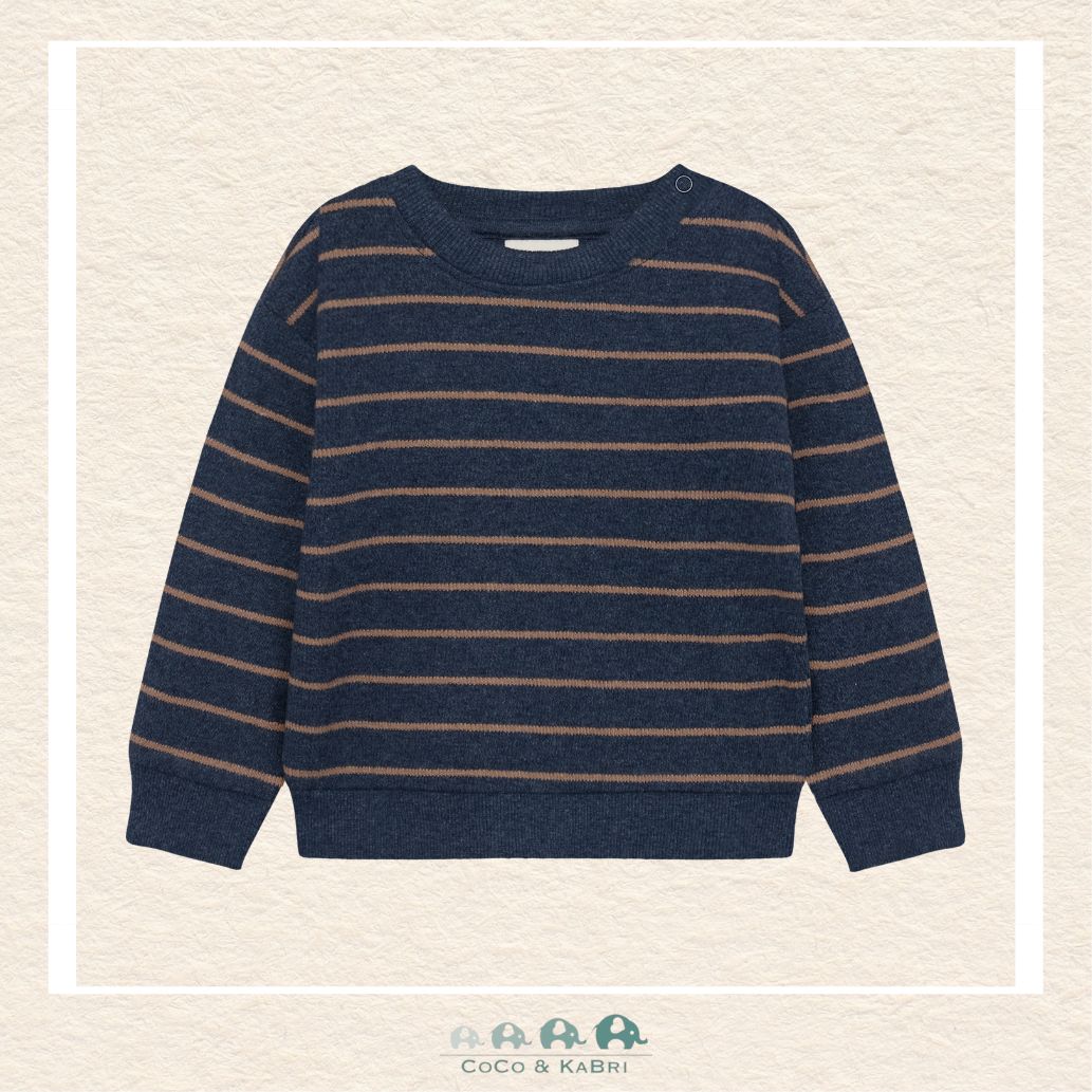 Front view of the En Fant Baby Boy Sweatshirt featuring classic horizontal navy and brown stripes with a soft crew neckline