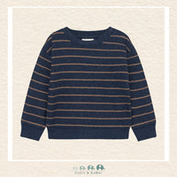 Front view of the En Fant Baby Boy Sweatshirt featuring classic horizontal navy and brown stripes with a soft crew neckline