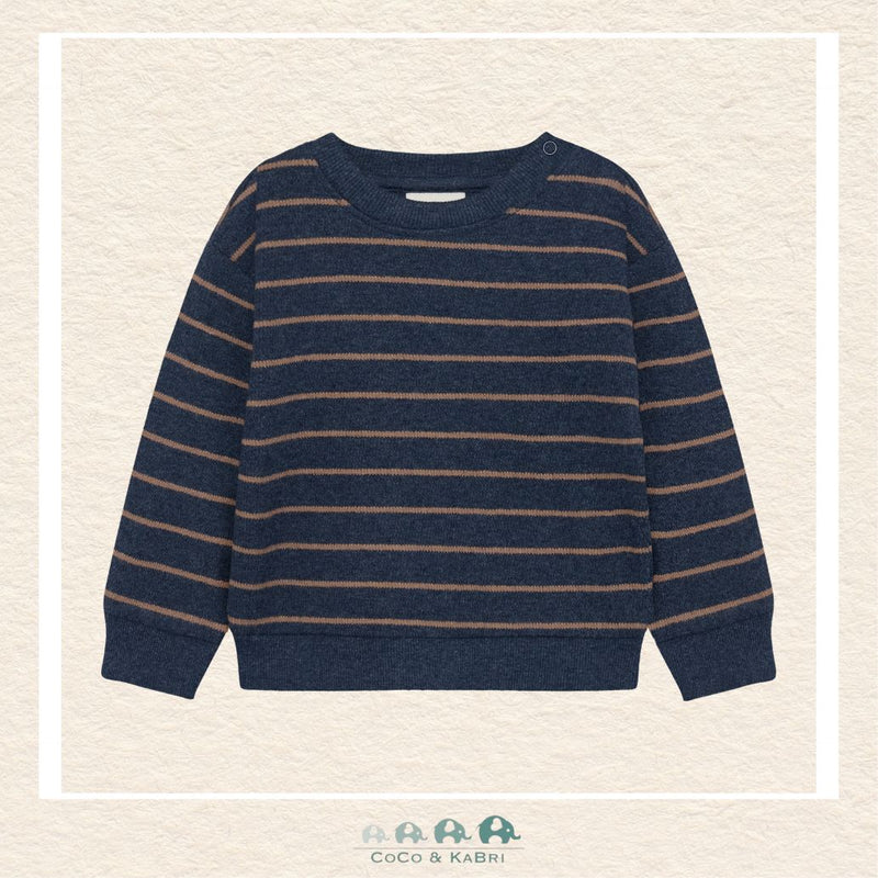 Front view of the En Fant Baby Boy Sweatshirt featuring classic horizontal navy and brown stripes with a soft crew neckline