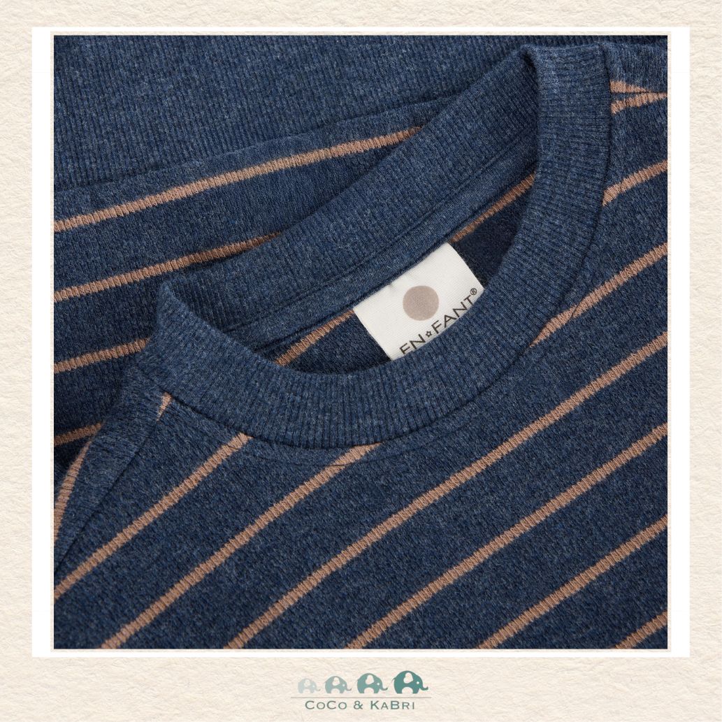 Close-up detail of the En Fant Sweatshirt highlighting the premium knit texture and the rich contrast between the navy and earthy brown stripes