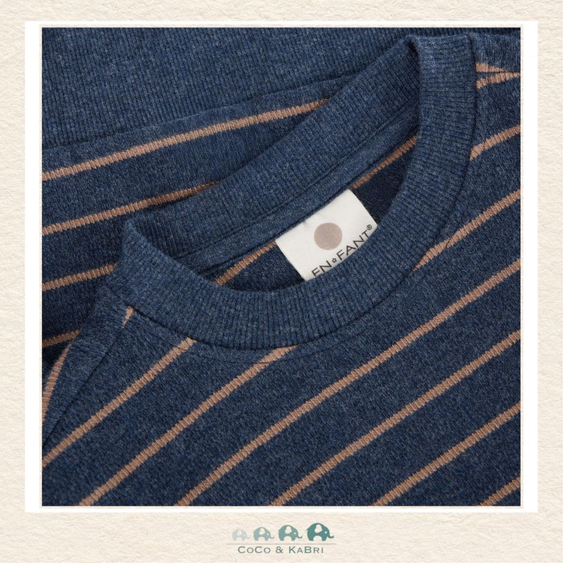 Close-up detail of the En Fant Sweatshirt highlighting the premium knit texture and the rich contrast between the navy and earthy brown stripes