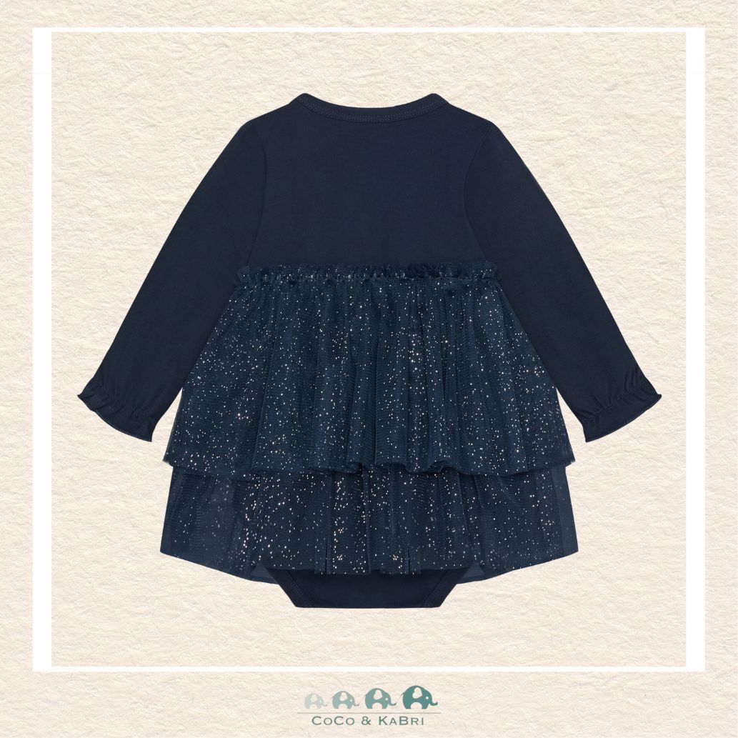 Back view of the En Fant Baby Girl Blue Tulle Dress showing the clean button closure and the elegant, lightweight drape of the fabric