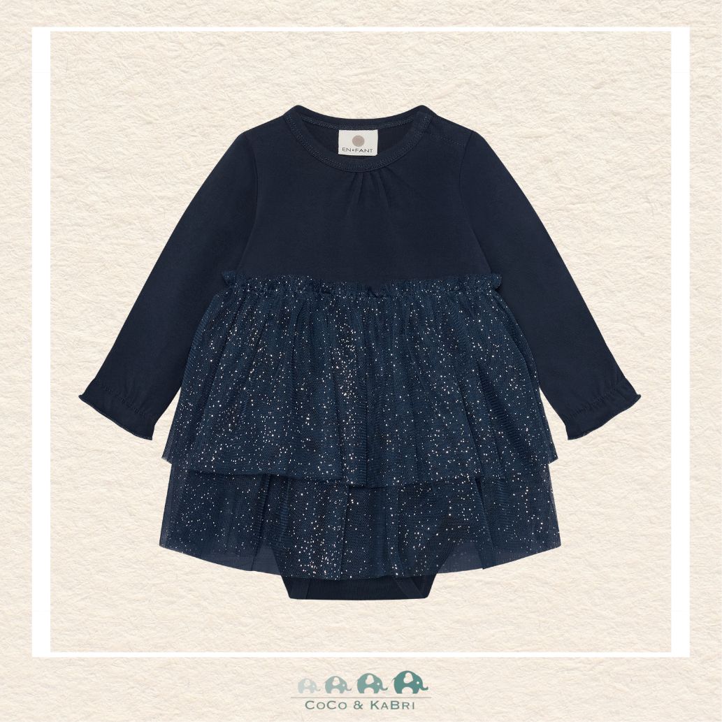 Alt Text - Front ViewFront view of the En Fant Baby Girl Tulle Dress in a soft dusty blue featuring a delicate layered tulle skirt and a comfortable fitted bodice