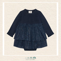 Alt Text - Front ViewFront view of the En Fant Baby Girl Tulle Dress in a soft dusty blue featuring a delicate layered tulle skirt and a comfortable fitted bodice