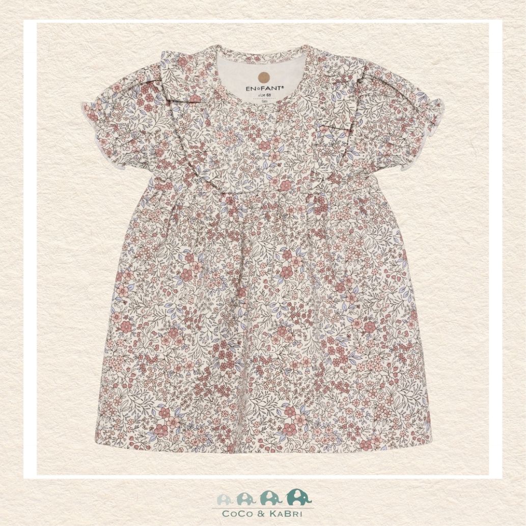 Front view of the En Fant Baby Girl Floral Dress featuring the Enchanting Blooms botanical print on a sweet, A-line silhouette