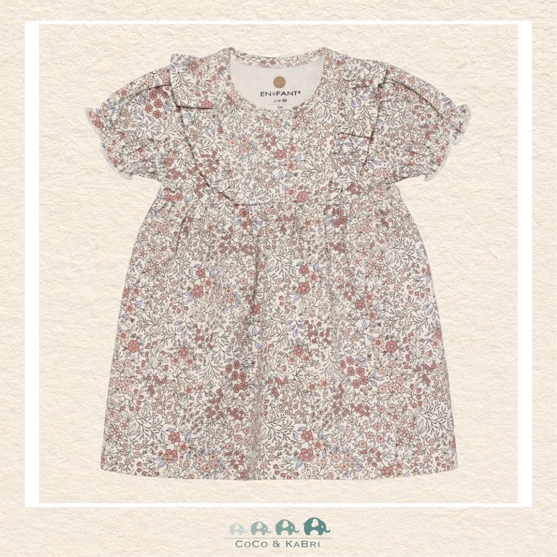 Front view of the En Fant Baby Girl Floral Dress featuring the Enchanting Blooms botanical print on a sweet, A-line silhouette