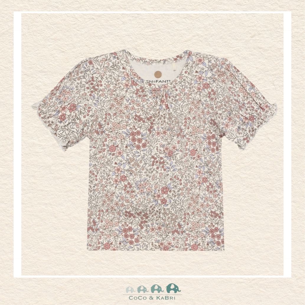 Front view of the En Fant Baby Girl Floral Top featuring a delicate all-over botanical print and a sweet, comfortable silhouette