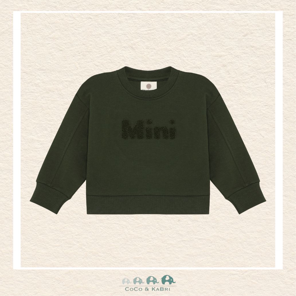 Front view of the En Fant Baby Girl Sweatshirt in a soft sage green featuring the sweet "Mini" script across the chest and a cozy crew neckline