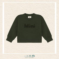 Front view of the En Fant Baby Girl Sweatshirt in a soft sage green featuring the sweet "Mini" script across the chest and a cozy crew neckline