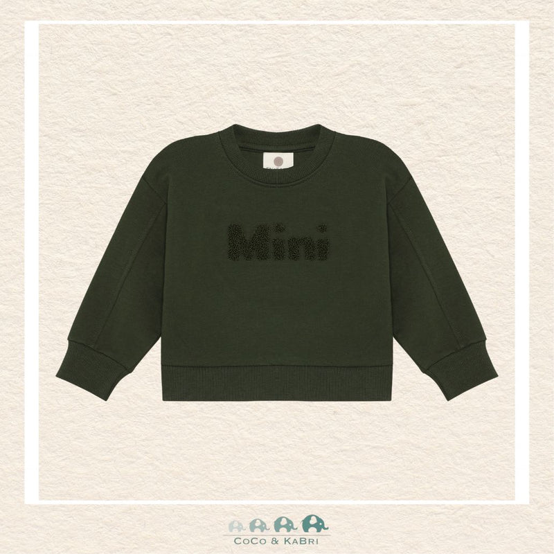 Front view of the En Fant Baby Girl Sweatshirt in a soft sage green featuring the sweet "Mini" script across the chest and a cozy crew neckline