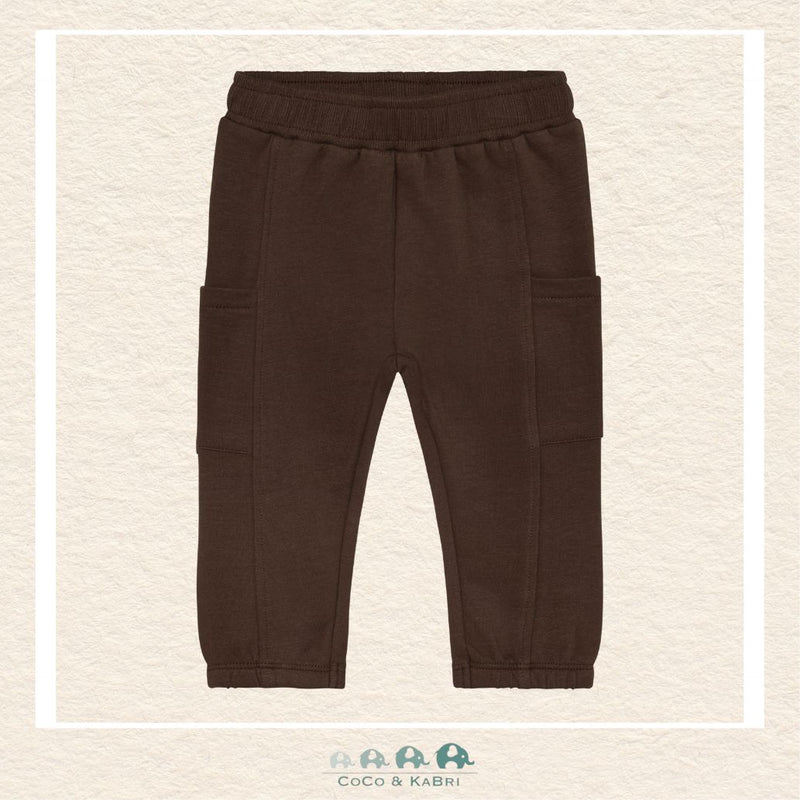 Front view of the En Fant Baby Girl Sweatpants in a rich Mahogany hue featuring a comfortable elasticated waistband and a soft, premium knit finish
