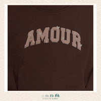 Close-up detail of the En Fant Sweatshirt highlighting the intricate "Amour" embroidery and the plush, premium texture of the Mahogany fabric