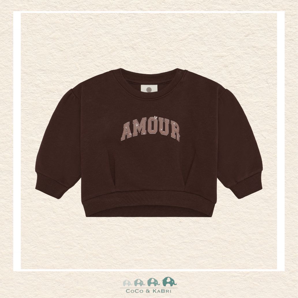 Front view of the En Fant Baby Girl Sweatshirt in Mahogany featuring the elegant "Amour" script across the chest on a soft, rich brownish-red knit