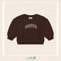 Front view of the En Fant Baby Girl Sweatshirt in Mahogany featuring the elegant "Amour" script across the chest on a soft, rich brownish-red knit