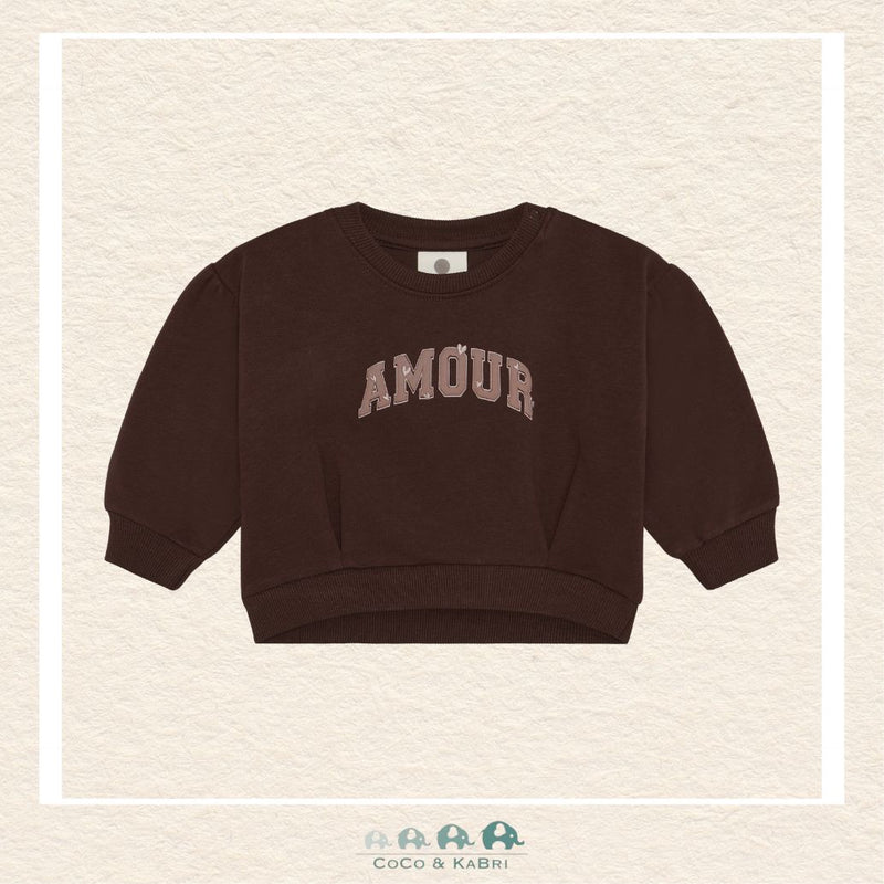 Front view of the En Fant Baby Girl Sweatshirt in Mahogany featuring the elegant "Amour" script across the chest on a soft, rich brownish-red knit