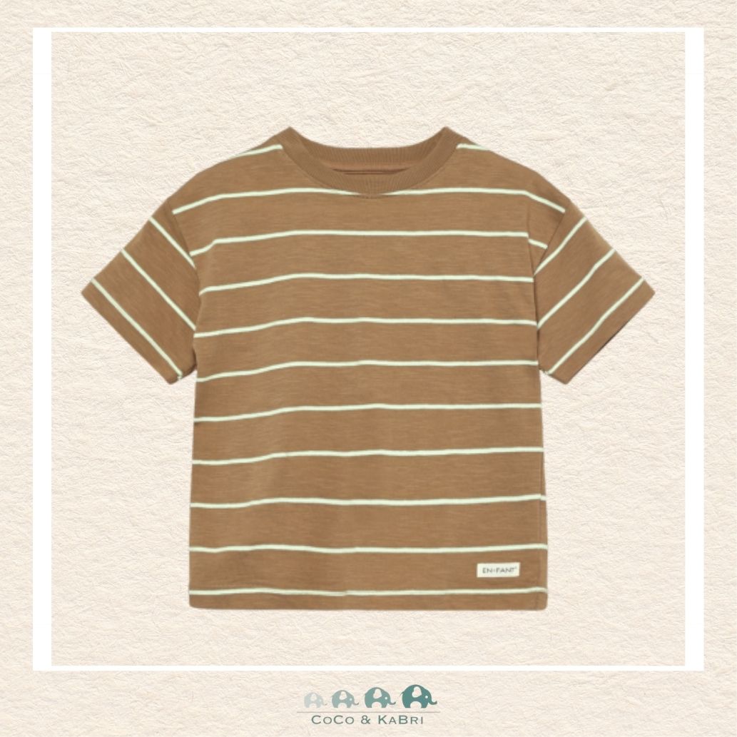 Front view of the En Fant Boys' Brown Striped Tee featuring a classic horizontal stripe pattern and a comfortable crew neckline