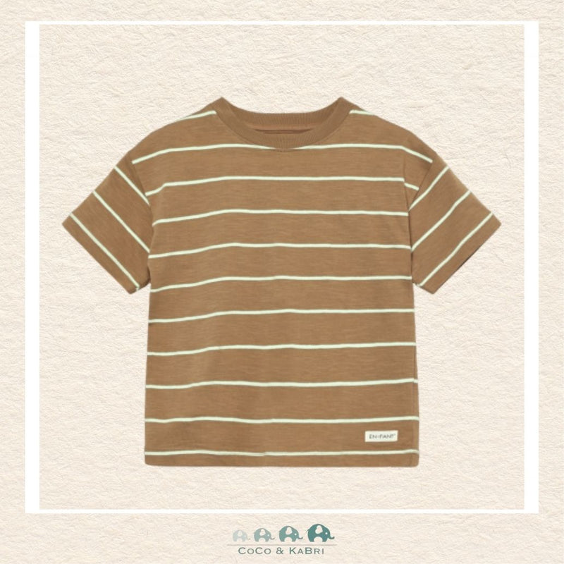Front view of the En Fant Boys' Brown Striped Tee featuring a classic horizontal stripe pattern and a comfortable crew neckline