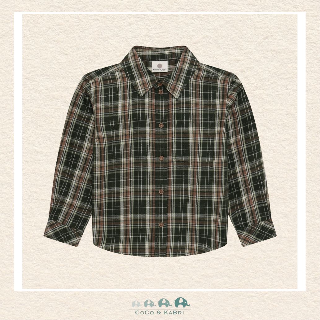 Front view of the En Fant Boys' Button Down Shirt in Kombu Green featuring a classic plaid pattern, a structured collar, and a full-length button placket