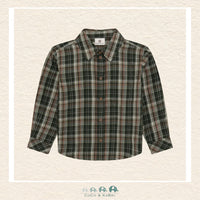 Front view of the En Fant Boys' Button Down Shirt in Kombu Green featuring a classic plaid pattern, a structured collar, and a full-length button placket