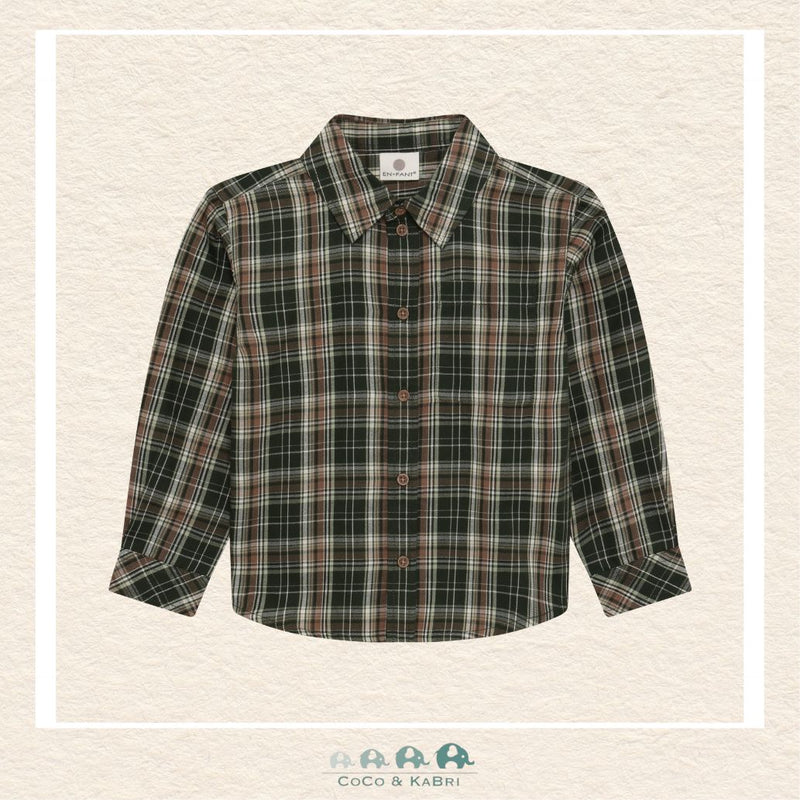 Front view of the En Fant Boys' Button Down Shirt in Kombu Green featuring a classic plaid pattern, a structured collar, and a full-length button placket
