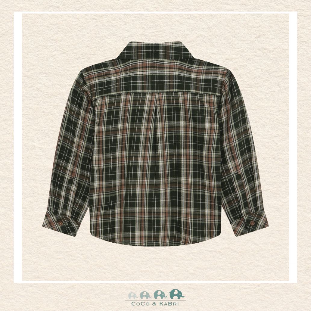 Back view of the En Fant Boys' Kombu Green Plaid Shirt showing the clean shoulder yoke and the polished, straight-cut hemline