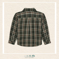 Back view of the En Fant Boys' Kombu Green Plaid Shirt showing the clean shoulder yoke and the polished, straight-cut hemline