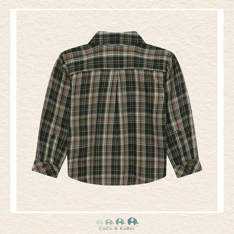 Back view of the En Fant Boys' Kombu Green Plaid Shirt showing the clean shoulder yoke and the polished, straight-cut hemline