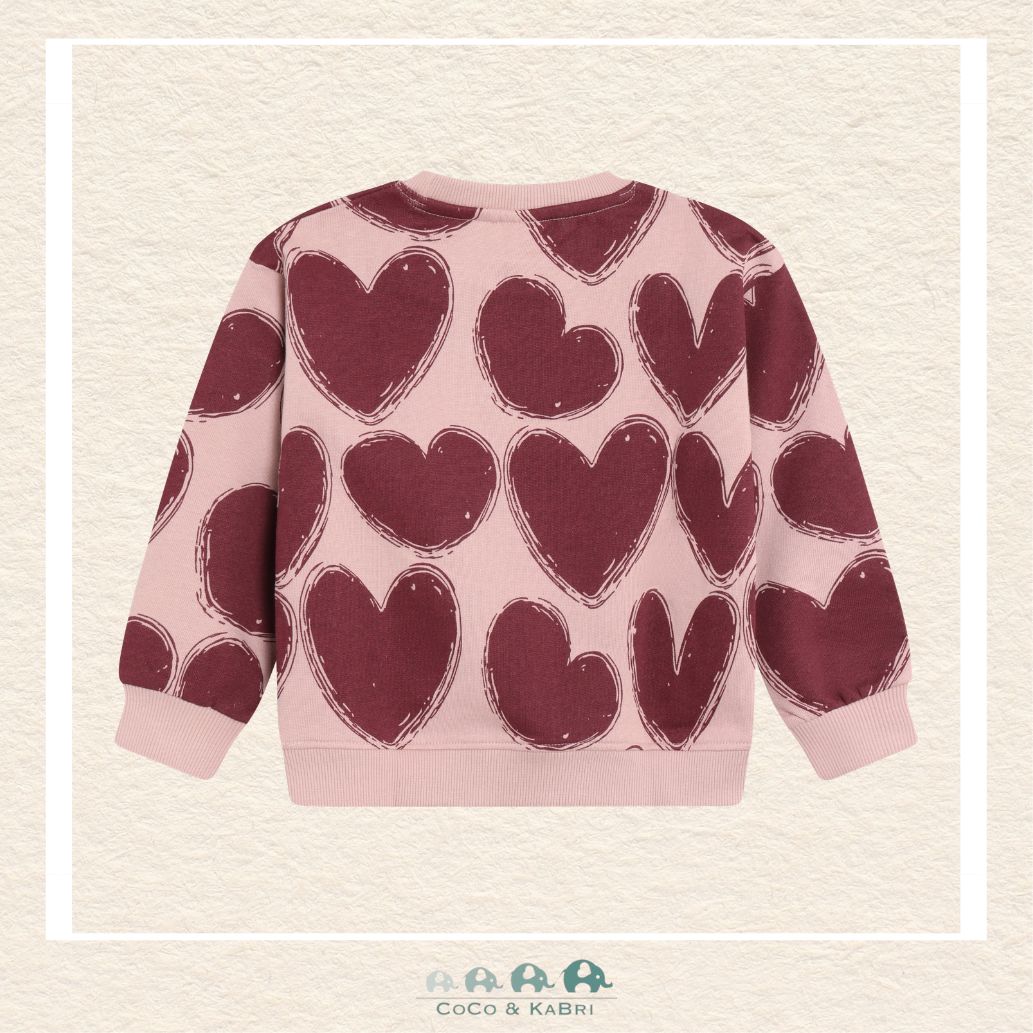 Back view of the En Fant Girl's Pink and Red Heart Sweatshirt showing the continuous pattern and the clean, modern silhouette
