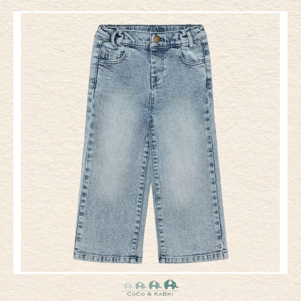 Front view of the En Fant Girl's Wide Leg Denim featuring a trendy, high-rise fit and a relaxed, flowing silhouette in a classic blue wash