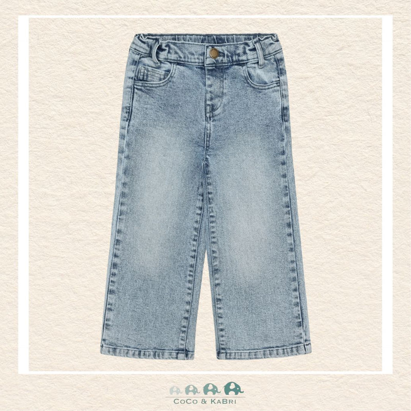 Front view of the En Fant Girl's Wide Leg Denim featuring a trendy, high-rise fit and a relaxed, flowing silhouette in a classic blue wash