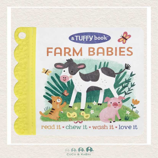 Farm Babies Tuffy Book cover featuring a mother cow and calf with a built-in corner teether for babies