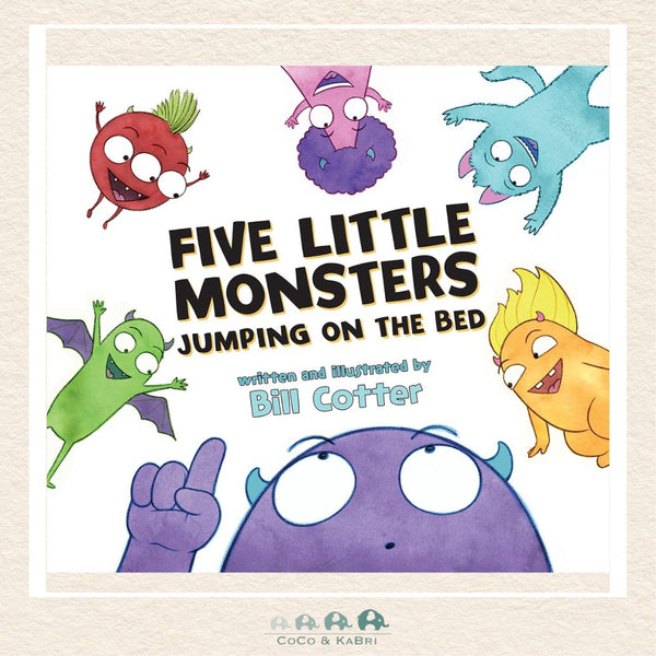 Five Little Monsters Jumping on the Bed picture book cover featuring Larry the monster and his colorful friends causing mayhem