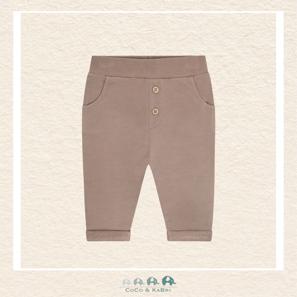 Front view of the Fixoni baby boy sweatpants in earthy brown featuring a comfortable elastic waistband, adjustable drawstring, and a relaxed jogger-style fit