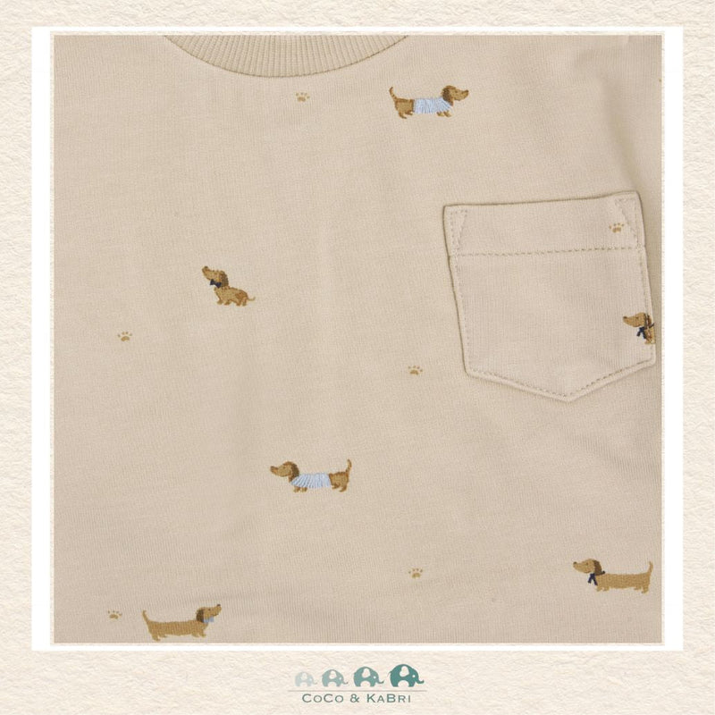Close-up detail of the Fixoni sweatshirt highlighting the charming dachshund graphic and the premium soft-touch fabric with a cozy brushed interior