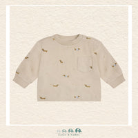 Front view of the Fixoni baby boy sweatshirt in a soft neutral tone featuring a playful repeating dachshund print and a comfortable crew neckline