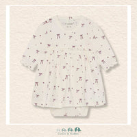Front view of the Fixoni Baby Girl Body Dress in Nostalgia Rose featuring a delicate bow print and a sweet integrated skirt silhouette